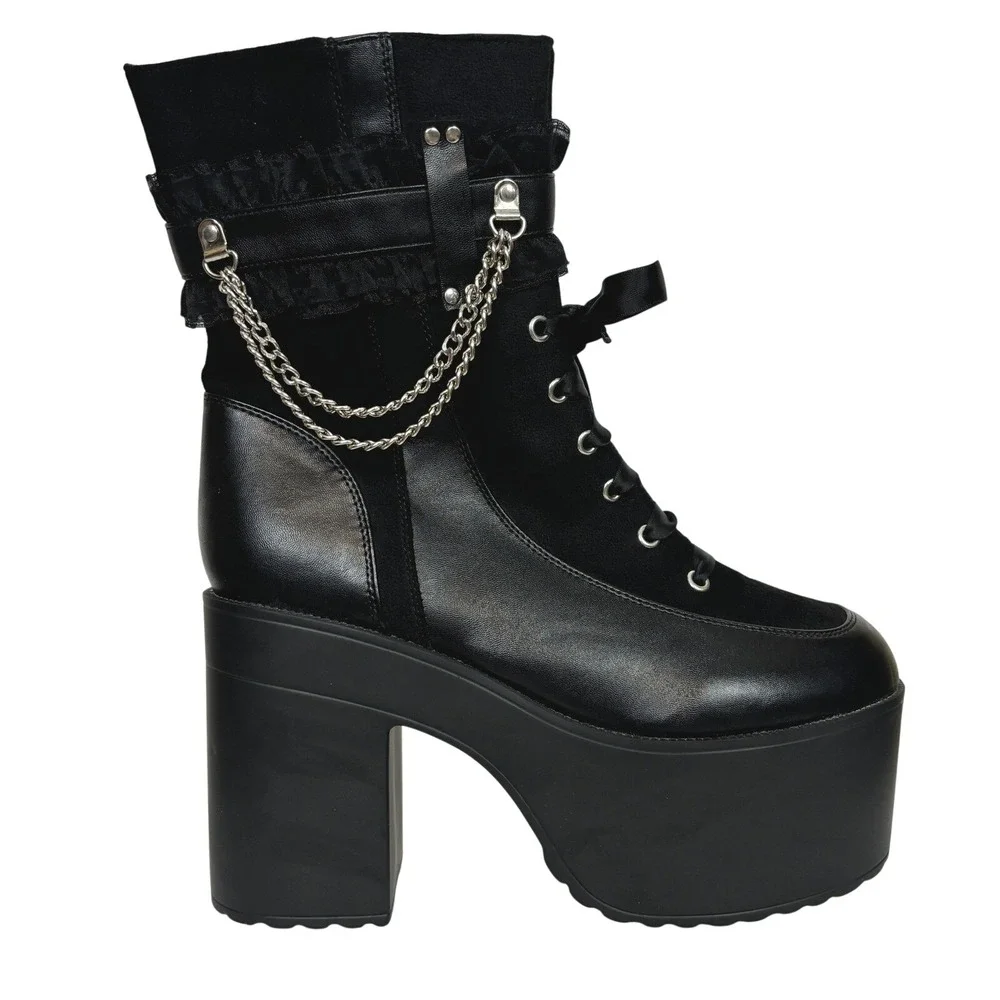 Hot Topic Black Ruffle Chain Platform Boots size 11 Gothic Punk Whimsigoth Rock